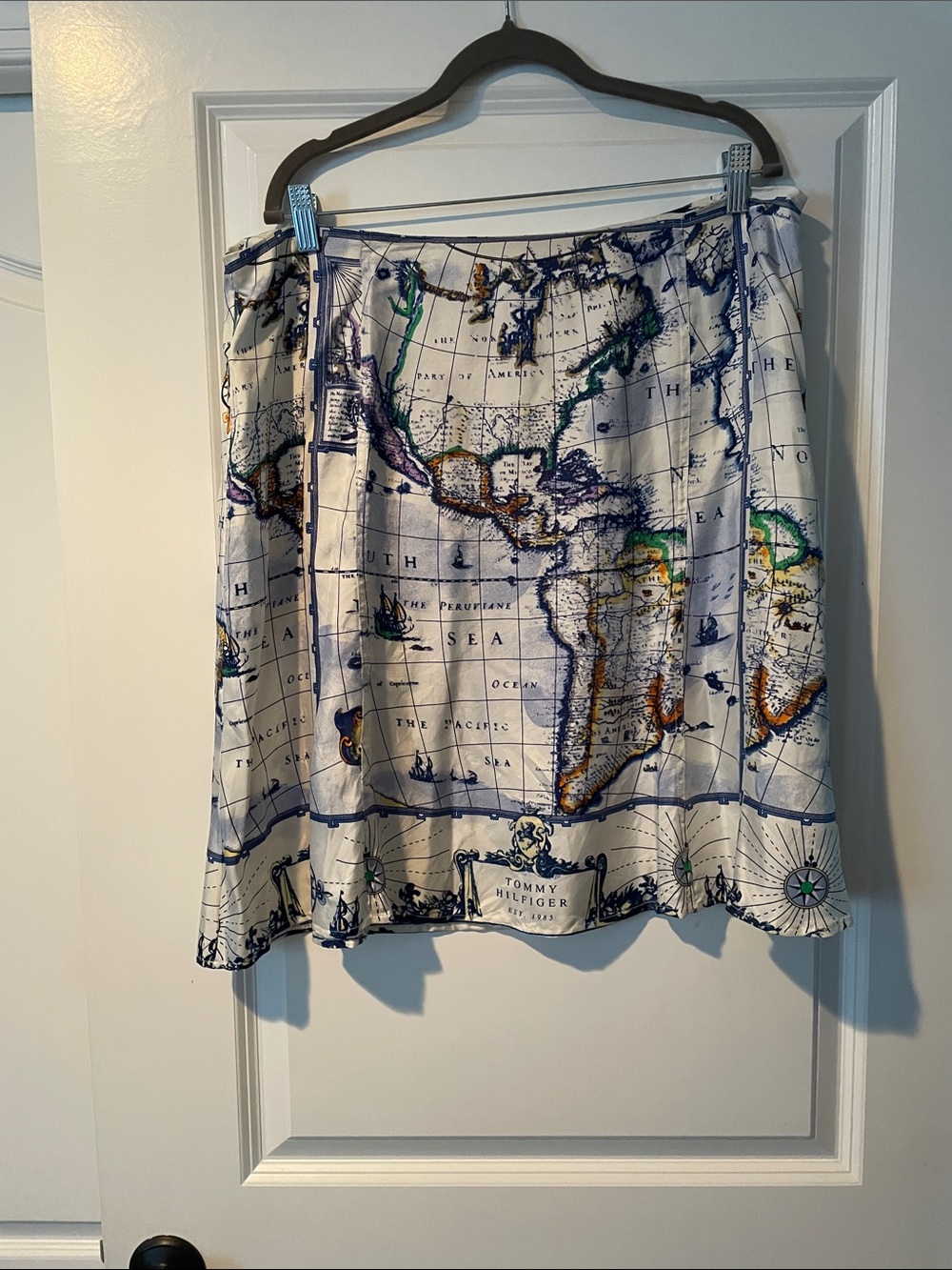Tommy Hilfiger Map-Print A-Line Skirt in White and Navy with Multicolor Accents
